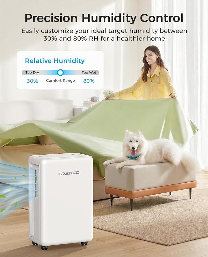 Trazico 30 Pint Dehumidifier for Basement with Drain Hose Up to 2000 Sq.Ft | Quiet Dehumidifiers for Home Large Room Bedroom Bathroom, Intelligent Humidistat, 3 Modes, 24H Timer, Auto Defrost