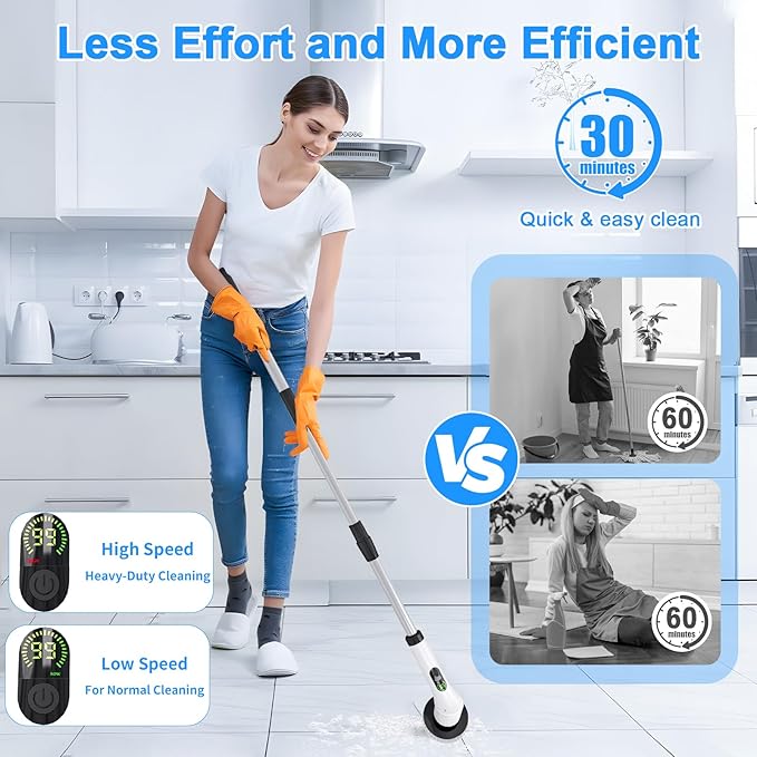 Electric Spin Scrubber,Cleaning Scrubber Brush Electric for Home with Power LCD Display,Cordless Bathroom Scrubber for Bathroom Tile Glass Cleaning,Adjusted Head Angle with 7 Replaceable Heads
