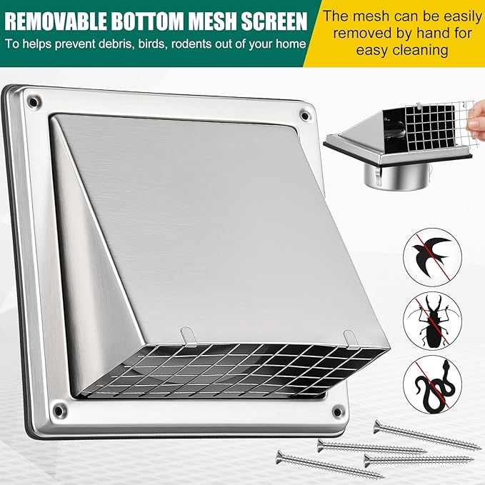 4'' Dryer Vent Cover Outside Exhaust Wall Vent Cover with Grille Screen Flap Stainless Steel Metal Exterior Dryer Hood Shroud for Outdoor House Pest Proof