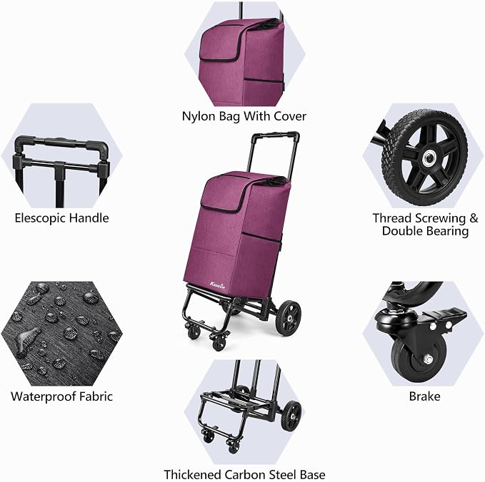 KEDSUM 3 in 1 Shopping Cart with Wheels, 60L/250LBS Multi Use Grocery Cart with 7" Big Wheels & Removable Waterproof Bag, Personal Shopping Carts for Groceries, Telescoping Handle & Thickened Steel