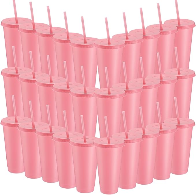 Honeydak 60 Pack Tumbler with Straw and Lid Bulk Cups for Gifts Water Bottle Iced Coffee Travel Mug Cup Reusable Plastic Tumblers for Party Birthdays 24-27 oz (Pink Color)
