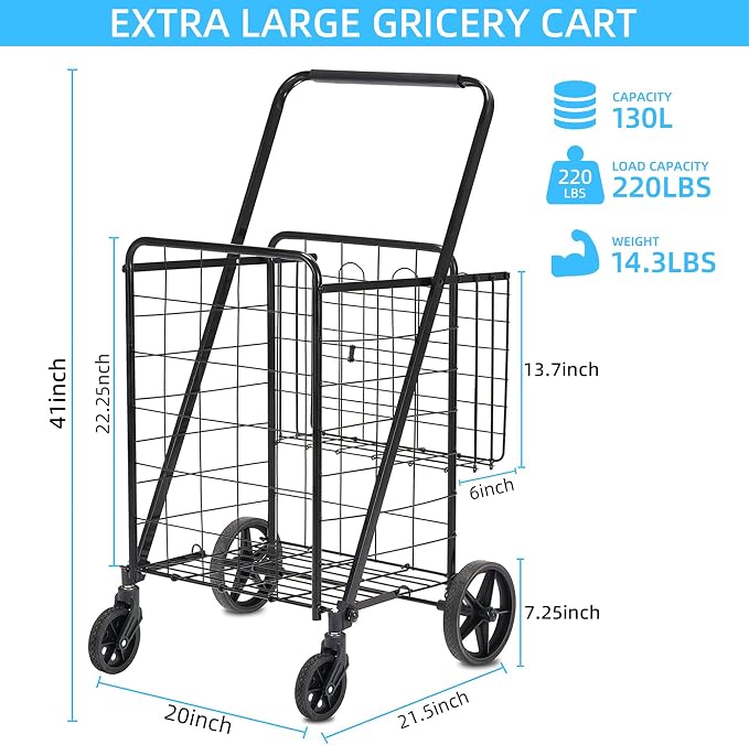 HABUTWAY Grocery Cart on Wheels with Removable Liner, Folding Shopping Cart,Heavy Duty Shopping Carts for Groceries,360° Rolling Laundry Cart,Lightweight Trolley for Seniors 220lb Capacity Black