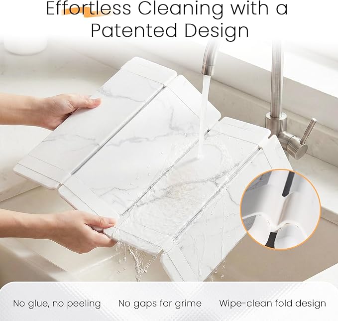 Large Stone Drying Mat for Kitchen Counter, Easier Cleanup - Smart hinge design, Quick-Dry Non-Slip Counter Protector for Dishes, Cups & Bottles, 24.5" x 16"