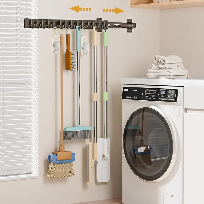Pull Out Broom Holder With 9 Adjustable Sliding Hook, Multifunctional Slide Broom And Mop Storage/Organizer Garage Organization Hooks, for Closet Laundry - 22inch/56cm