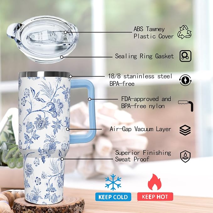 Ceovfoi 40 Oz Boho Flower Tumbler With Handle, Boho Floral Coffee Travel Mug Cup Water Bottle, Floral Gifts for Women