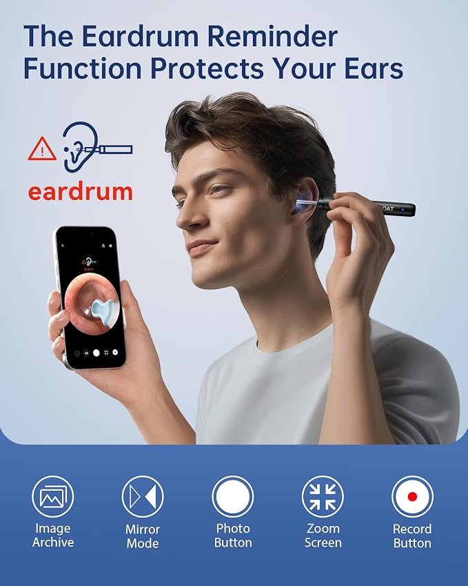 Jegoat Ear Wax Removal, Ear Wax Removal Tool Camera with 1296P HD Camera and 6 LED Lights, Ear Cleaner with 10 Ear Pick, Upgraded Ear Wax Removal Kit for iOS and Android, Glossy Black