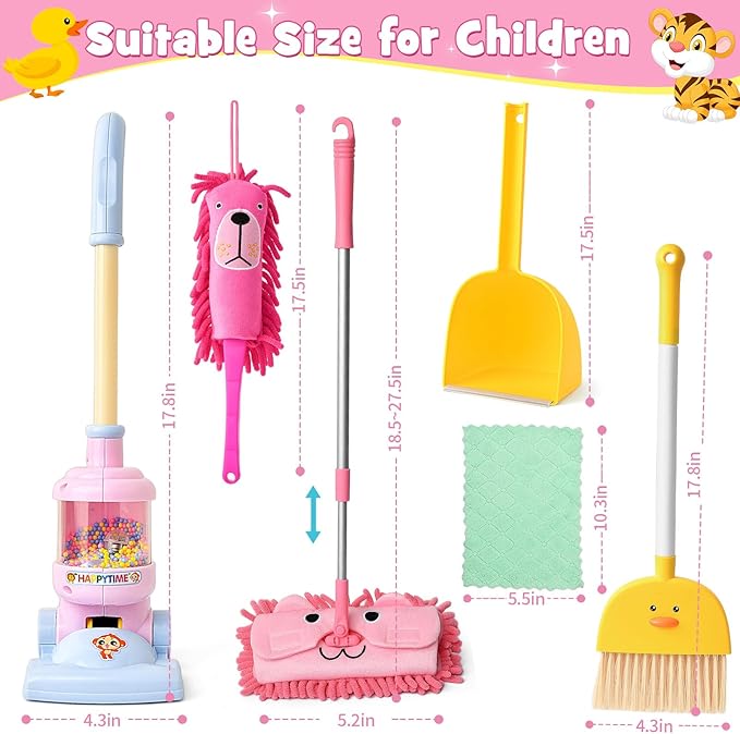TUZT Kids Cleaning Toys Playset for Ages 2-4, Compact 6-Piece Pretend Vacuum with Light & Sound (No Suction), Animal Broom Mop Set for Toddlers, Apartment-Friendly Educational Role Play Gift