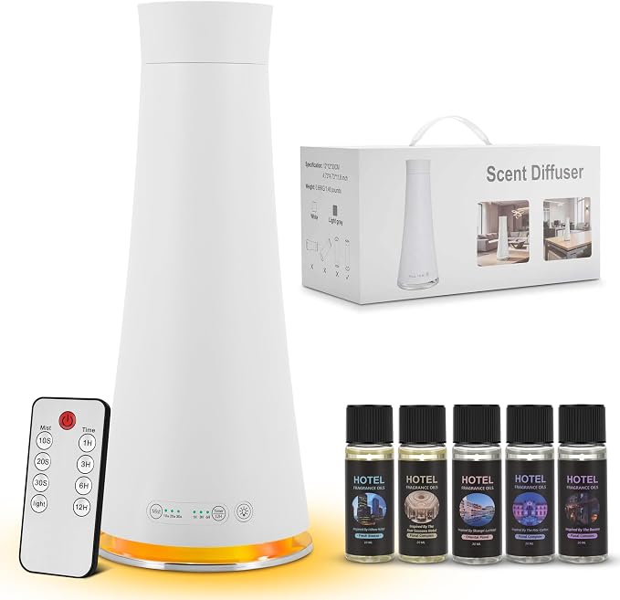 160ML Waterless Scent Diffuser Kit，Included 5 * 20ml Hotel Oils | 7-Color LED ,Remote control , Covers 1500 Square feet, Homes, Offices, Hotels, spas.