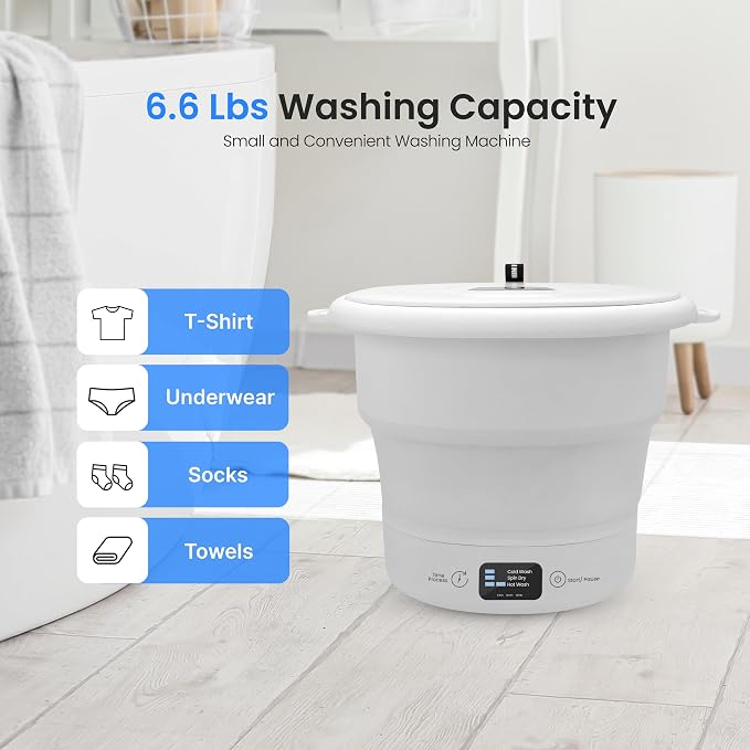 SereneLife PUCWM44.5 Portable Mini Washing Machine – Folding Bucket Washer for Clothes & Laundry – Lightweight, Compact & Easy to Carry for Camping, RV, Travel, Apartments & Small Spaces (Off White)