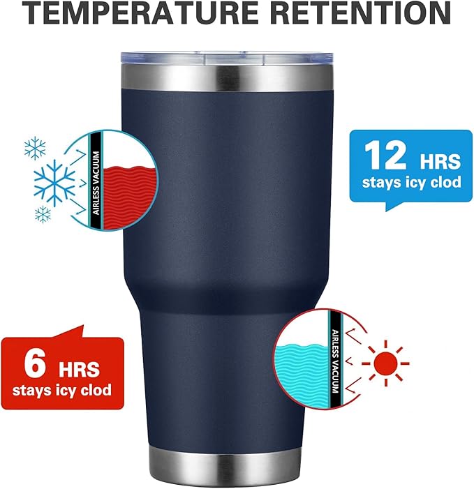 MEWAY 30oz Insulated Tumbler With Lids and Straws,Stainless Steel Double Vacuum Coffee Tumbler Cup, Brush, Durable Powder Coated Coffee Cup for Cold & Hot Drinks, Office, Travel(Navy,12 PACK)