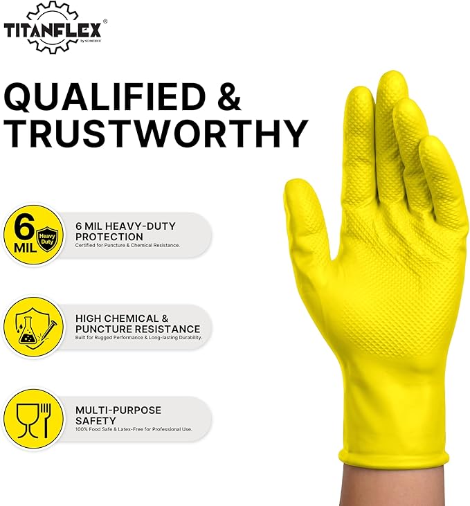 TitanFlex Heavy Duty Industrial Nitrile Gloves with Raised Diamond Texture, 6-mil, Latex Free (Yellow)