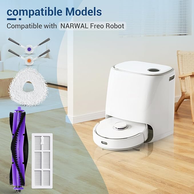 16 Pack Replacement Parts for Narwal Freo Robot Vacuum Cleaner Spare Accessories Kit, 1 Main Roller Brush, 4 Hepa Filters, 4 Mop Pads, 6 Side Brush, 1 Clean Tool.