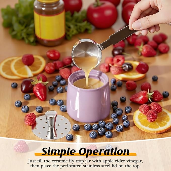 Ceramic Fruit Fly Trap for Indoors, Reusable Kitchen Fly Catcher with Stainless Steel Vent Lid, Uses Safe & Natural Vinegar Bait Trap, Dishwasher Safe, Easy to Use(Purple,1 Pack)