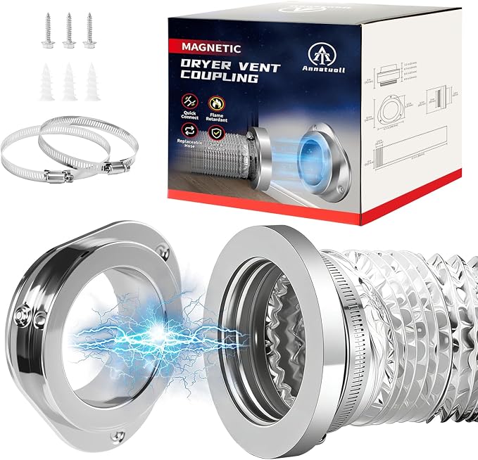 DV180 Magnetic Dryer Vent Coupling, Airtight Seal Magntic Drver Vent Connector Kit, Including 6-Ply Aluminum Dryer Hose and 2 Clamps, Easy to Clean Quick Connector