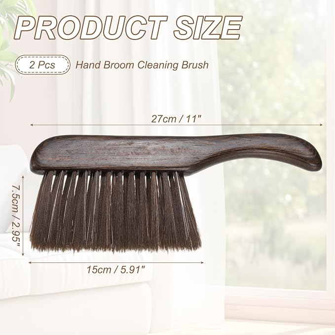 HARFINGTON 2 PCS Hand Broom Brush 11" Soft Bristles Dusting Brush Cleaning Duster with Curved Handle and Three Rows of Bristles for Car Bed Counter Sofa Furniture Clothes, Brown
