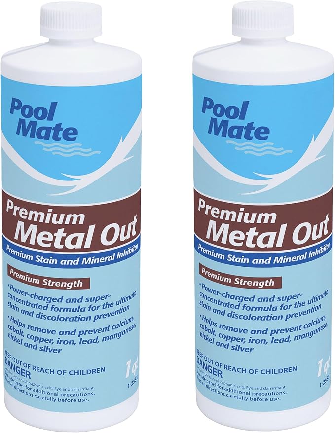 Pool Mate 1-Quart 2-Pack Premium Metal Out Stain and Mineral Inhibitor, Pool Metal Remover, Stain Remover, Made in USA