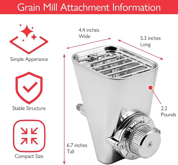 Wiselet Grain Mill Attachment for Kitchenaid Stand Mixer, 12 Gear Metal Flour Maker for Wheat, Oat, Buckwheat, Corn, Beans and Other Cereals, Included Brush and Screwdriver, Hand Wash Only