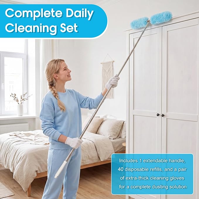 6 ft Extendable Duster Handle with 40 Refills and 1 Pair of Gloves Compatible with Swiffer Duster 360° Heavy Duty Microfiber Dusters Kit for Cleaning High Ceilings and Fans, Vents(Blue)