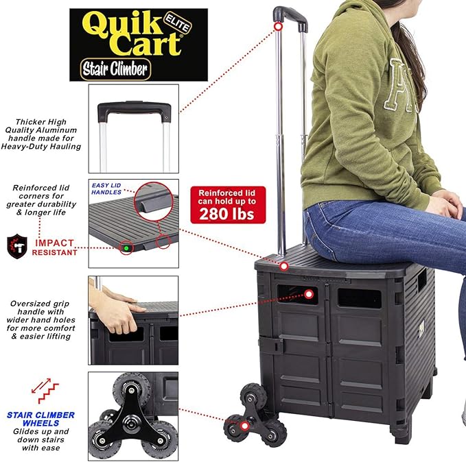 dbest products Quik Cart Elite Stair Climber Wheeled Rolling Crate Teacher Utility With seat Heavy Duty Collapsible Basket With Handle, Black