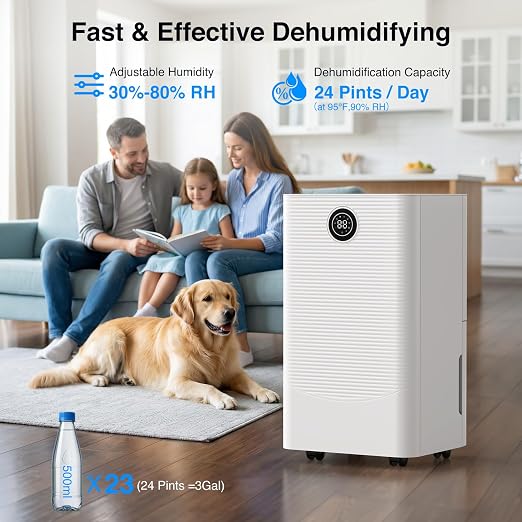 ZAFRO 24 Pint Dehumidifier for Home & Basement up to 1500 Sq.Ft, Auto Humidity Control, 38dB Ultra Quiet, Continuous & Manual Drainage with Drain Hose, Auto Defrost, 24H Timer