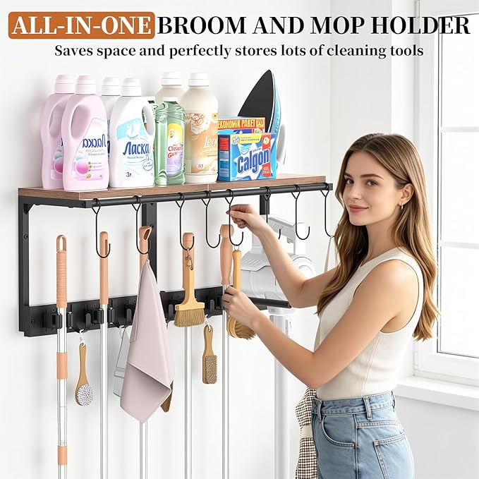 Wall Mounted Broom Holder & Utility Rack | Heavy-Duty Tool Organizer for Garage, Laundry Room & Kitchen | Space-Saving Storage with Shelf for Cleaning Supplies, Vacuums & Tools