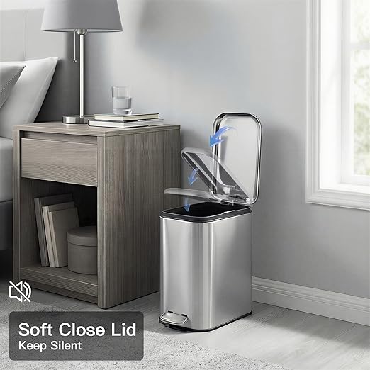 Garvee Bathroom Trash Can with Lid, 1.3 Gallon / 5 Liter Stainless Steel Garbage Can with Removable Liner Bucket, Small Step Wastebasket with Slim Design for Toilet Bedroom Office, Silver