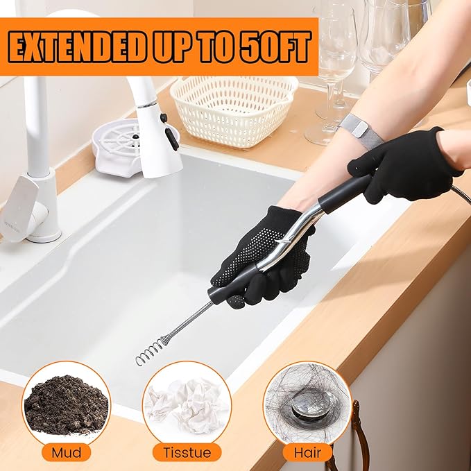 Threlaco 50 ft Drain Auger Plumbing Snake for Heavy Deep Blockages 1/4" Diameter Flexible Plumbing Cables Drain Snake for Kitchen Bathroom Shower Sink Cleaning Drainage Clogs