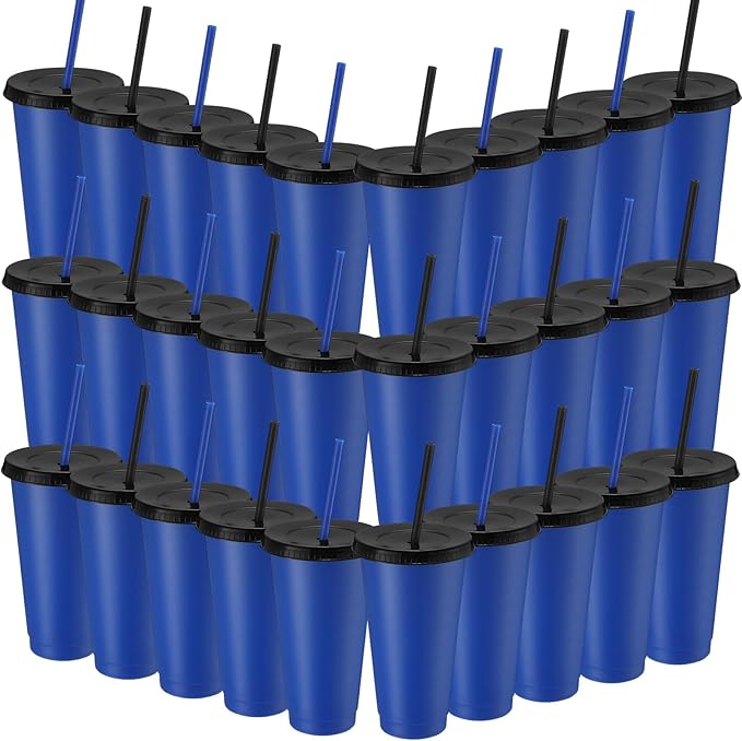 Honeydak 30 Pack Tumbler with Straw and Lid Bulk Cups for Gifts Water Bottle Iced Coffee Travel Mug Cup Reusable Plastic Tumblers for Party Birthdays 24-27 oz (Dark Blue and Black Color)