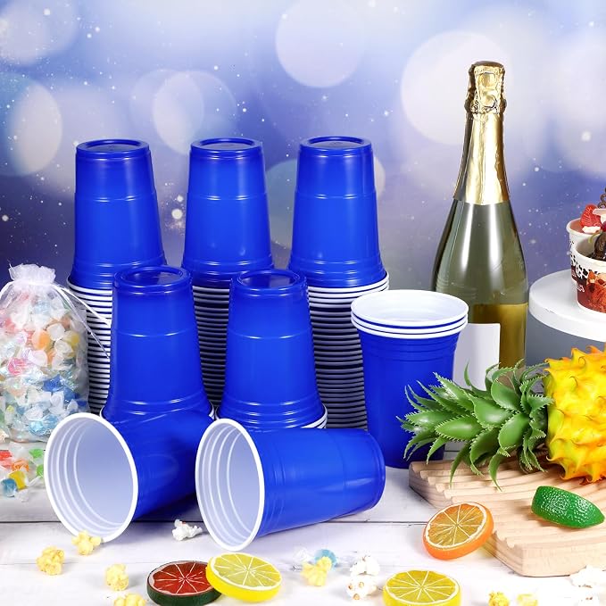 Lounsweer 100 Pcs 16 oz Disposable Party Cups Plastic Heavy Duty Drinking Water Cups for Birthday Baby Shower Wedding BBQ Picnic Party Supplies(Blue)