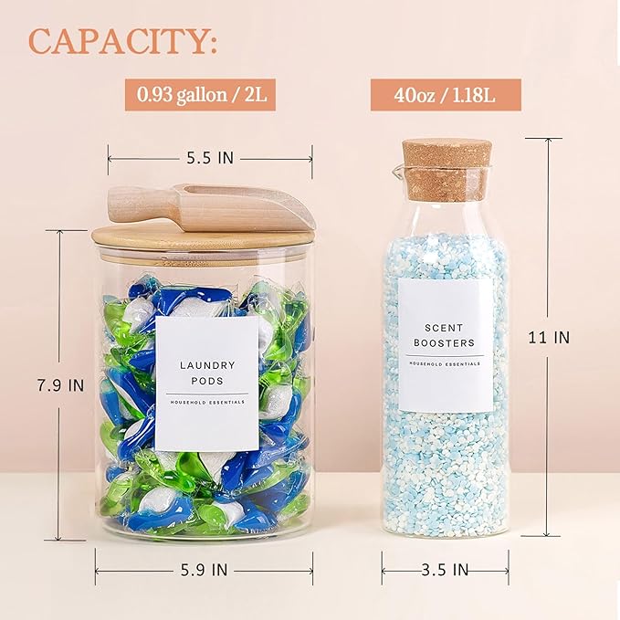 KOSKIMER Glass Laundry Detergent Dispenser Set, Liquid Detergent Containers, Scent Booster & Bleach Dispenser for Laundry Room (2 Bottles & Jar)