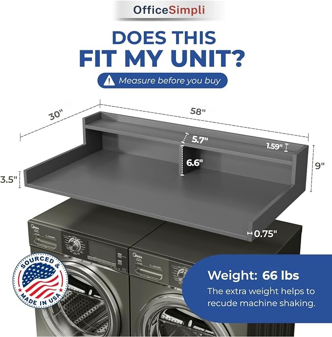 OfficeSimpli Large Washer Dryer Countertop with Shelf - 30 x 58 Inch - Made in USA Laundry Countertop Over Washer and Dryer with Non-Slip Pads, Storage Shelf, Laundry Topper Organizer, Grey