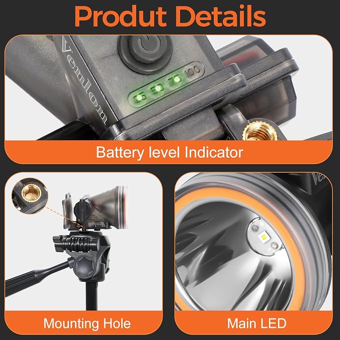 Rechargeable Diving Headlamp, IPX8 Waterproof Underwater Flashlight, 4 Modes with Battery Level Indicator,10H Runtime Scuba Dive Light with Battery & USB Charger Cable (Mode 301 White Light)