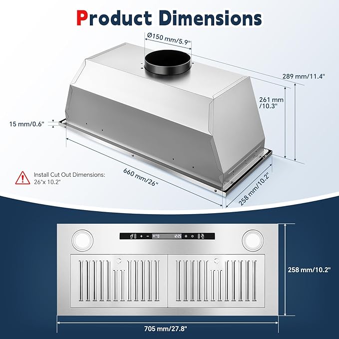 Range Hood Insert 30 inch, Ducted/Ductless Range Hood with Gesture Sensing & Touch Control, Built-in Kitchen Hood 600CFM, 2 Pcs Stainless Steel Baffle Filters