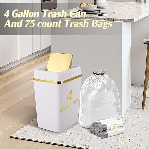 Bathroom Trash Can with Lid 4 Gallon Trash Can Small Garbage Can White Trash Can with 300 Counts Trash Bags for Kitchen Bedroom Office Dorm