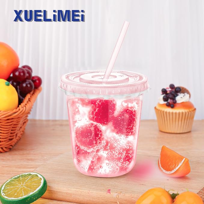 12oz Disposable Stemless Glasses with Flat Lids and Straws,PET Disposable Drinking Cups,Clear Plastic Wine Glasses for Parties Birthday,Wedding,Meeting,Christmas Party Supplies. (50, Pink)