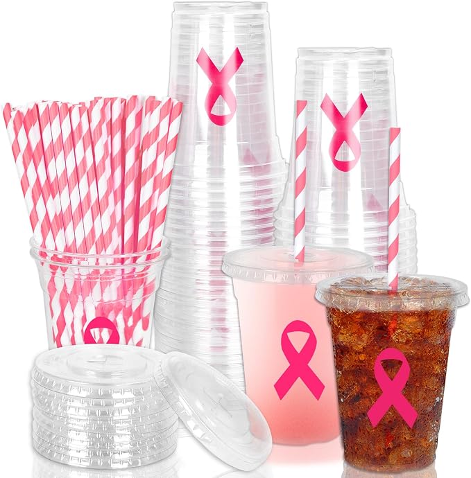 Whaline 50Pcs Breast Cancer Awareness Disposable Plastic Cups with Lids and Straws 12 Oz Pink Ribbon Cold Beverage Drinking Cups for Charity Event Women Party Supplies