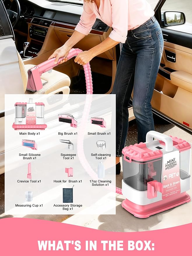 Portable Carpet & Upholestery Cleaner Machine for Pets, Spot, Stain, Couch Cleaner Machine with Powerful Suction and and Cleaning Solution, Car/Auto Detailer, Lightweight Compact Design, Pink
