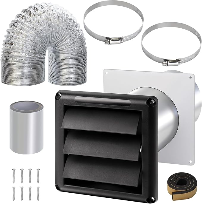 Dryer Vent Kit with Hose/Duct Connector/Wall Plate,4Inch Dryer Vent Hose Connector Wall Ducting Kit for Bathroom Ventilation Fans Exhaust,Ceiling Washer Air Circulation,Black Dryer Vent Cover Hood Kit