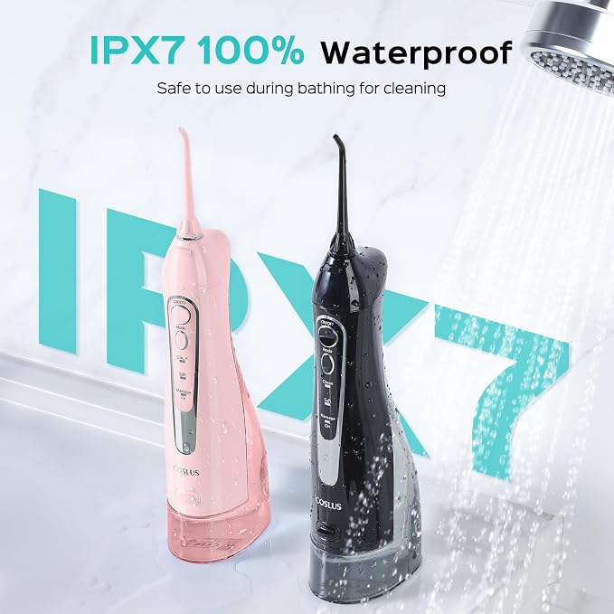 COSLUS ADA Accepted Water Dental Flosser Teeth Pick C20: Portable Cordless Oral Irrigator 300ML Rechargeable Travel Irrigation Cleaner IPX7 Waterproof Electric Flossing Machine, 2PCS, Black & Pink