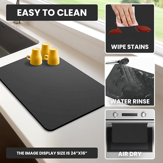 Dish Drying Mat Super Absorbent – 16" x 12" Coffee Mat for Countertops – Non-Slip Drying Mat for Kitchen Counter – Easy to Clean Water Absorbent Mat – Quick Dry Dish Drying Mats (Black)