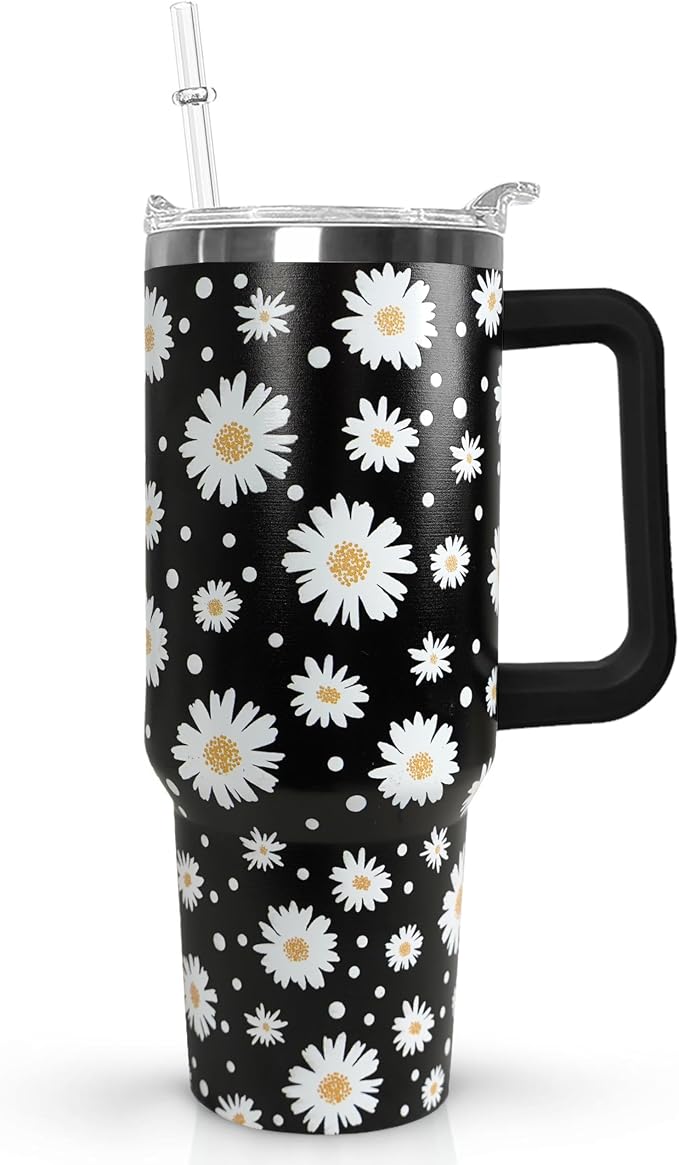 Ceovfoi 40 Oz Daisy Tumbler With Handle,Daisy Coffee Travel Mug Cup Water Bottle,Daisy Decor,Daisy Gifts for Women