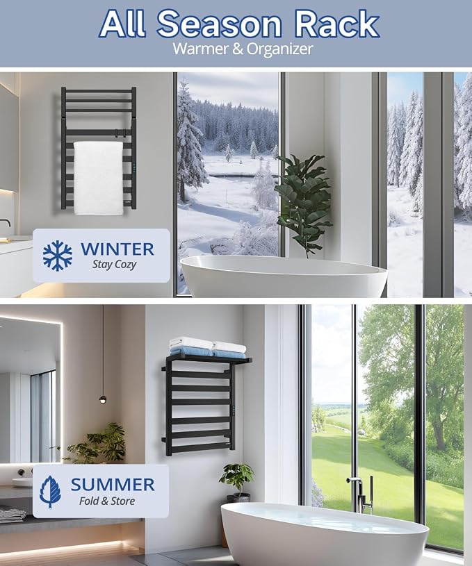 Towel Warmer Rack with WiFi, 6 Bars Large Towel Racks with Temperature & Timing Control, Foldable Bracket, Digital Display, Stainless Steel, Plug-in, Wall Mounted, Black