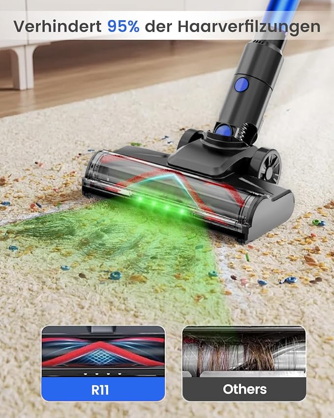 Cordless Vacuum Cleaner, 500W 40KPa 60Mins Vacuum Cleaners for Home, Wireless Vacumm Anti-Tangle Rechargeable Vacuum with Green Light for Pet Hair/Carpet/Hardwood Floor, Blue