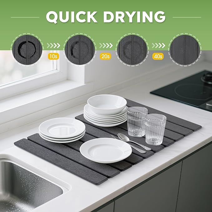 HABUTWAY Large Stone Dish Drying Mat for Kitchen Counter – 24"×16" Collapsible Diatomaceous Earth Mat, Ultra Absorbent & Quick Dry, Foldable Drying Pad for Dishes, Bottles, Cups (Dark Grey)