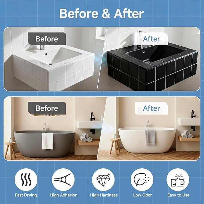 Tile Paint, 17oz Tub and Tile Refinishing Kit with Tools, DIY Bathtub Paint Kit for Bathroom, Water-based|Low Oder, Easy to Use for Kitchen, Porcelain, Floor, Semi-gloss Black, 20-30sq.ft