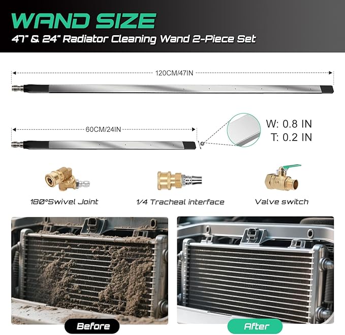 47" & 24" Radiator Cleaning Wand 2-Piece Set, 4500 PSI Stainless Steel Dual Water/Air Radiator Cleaner with Pressure Washer Gun Adapter & Tips for Cars, Trucks, Heavy Equipment,Silver& Black