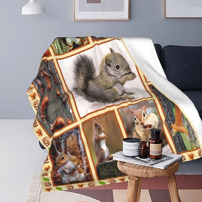 Cute Squirrel Decor Throw Blanket - Super Warm Soft Plush Lightweight Fleece Flannel Animals Blanket for Women, Girls, Boys, Men, Kids - Winter Couch Bedding - 60"X80