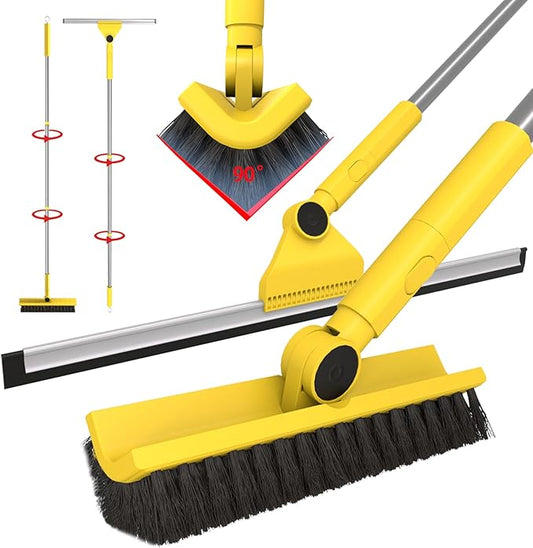Dymoll Multi-Purpose V-Shaped Grout Brush with 16.9" Floor Squeegee Set, Long Handle Floor Scrub Brush for Cleaning Bathroom Tile Corner Baseboards, Squeegee for Cleaning Garage Floor Window Glass