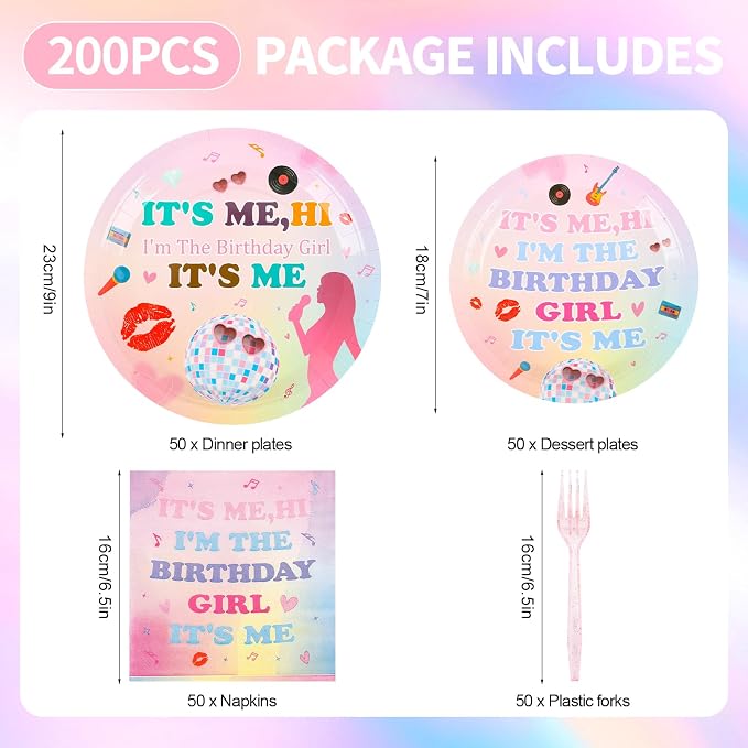 200PCS Its Me Hi Im The Birthday Girl Its Me Party Supplies Serve 50,Birthday Paper Plates,Napkins,And Forks Kit for Music Party Decoration.