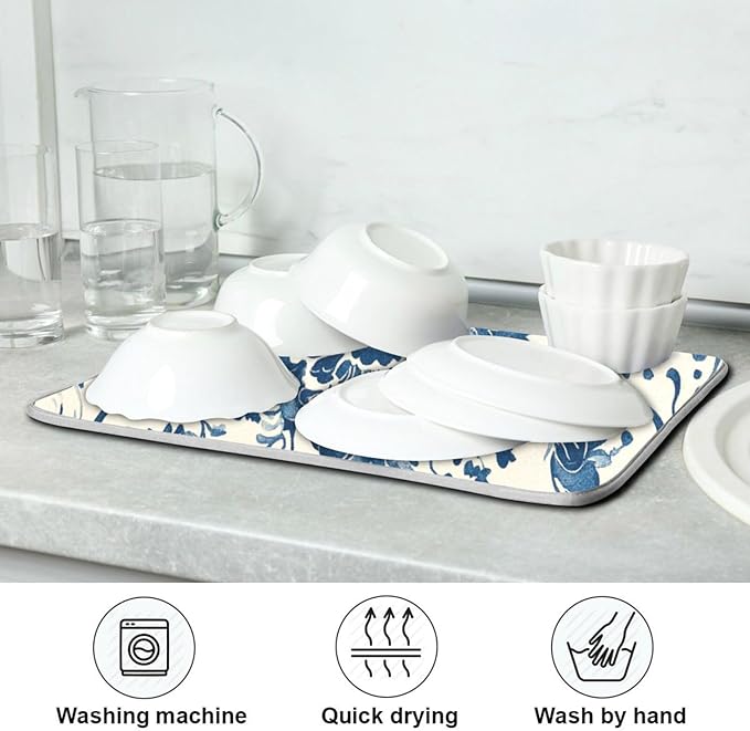 Dish Drying Mat Kitchen Mat Large Size 18 x 24 Blue White Floral Washable Dishes Drainer Mat for Countertop